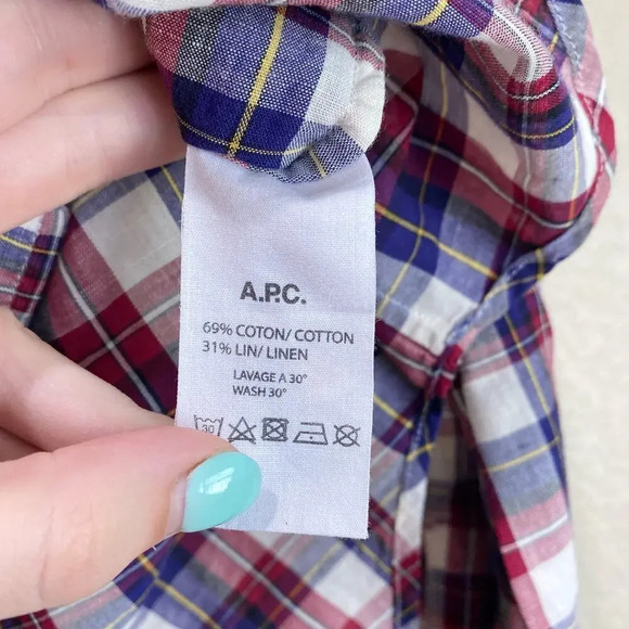 APC Rue Madame Paris Linen Cotton Button Down Shirt Women's XS Plaid Flannel - Picture 5 of 6